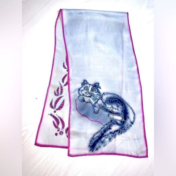 Hand painted silk scarf Persian cat scarf - signed -grey- silver-hot pink - Picture 1 of 5